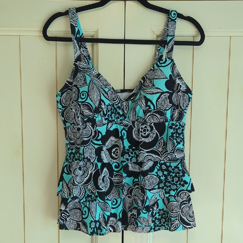 Women's Size 14  Tall Tankini Top Teal And Black Floral Pattern